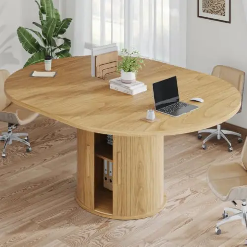 Extendable Round Conference Table for 4-8, 43-59 Inch Oval Meeting Room Table with Storage for Office, Wood Fluted