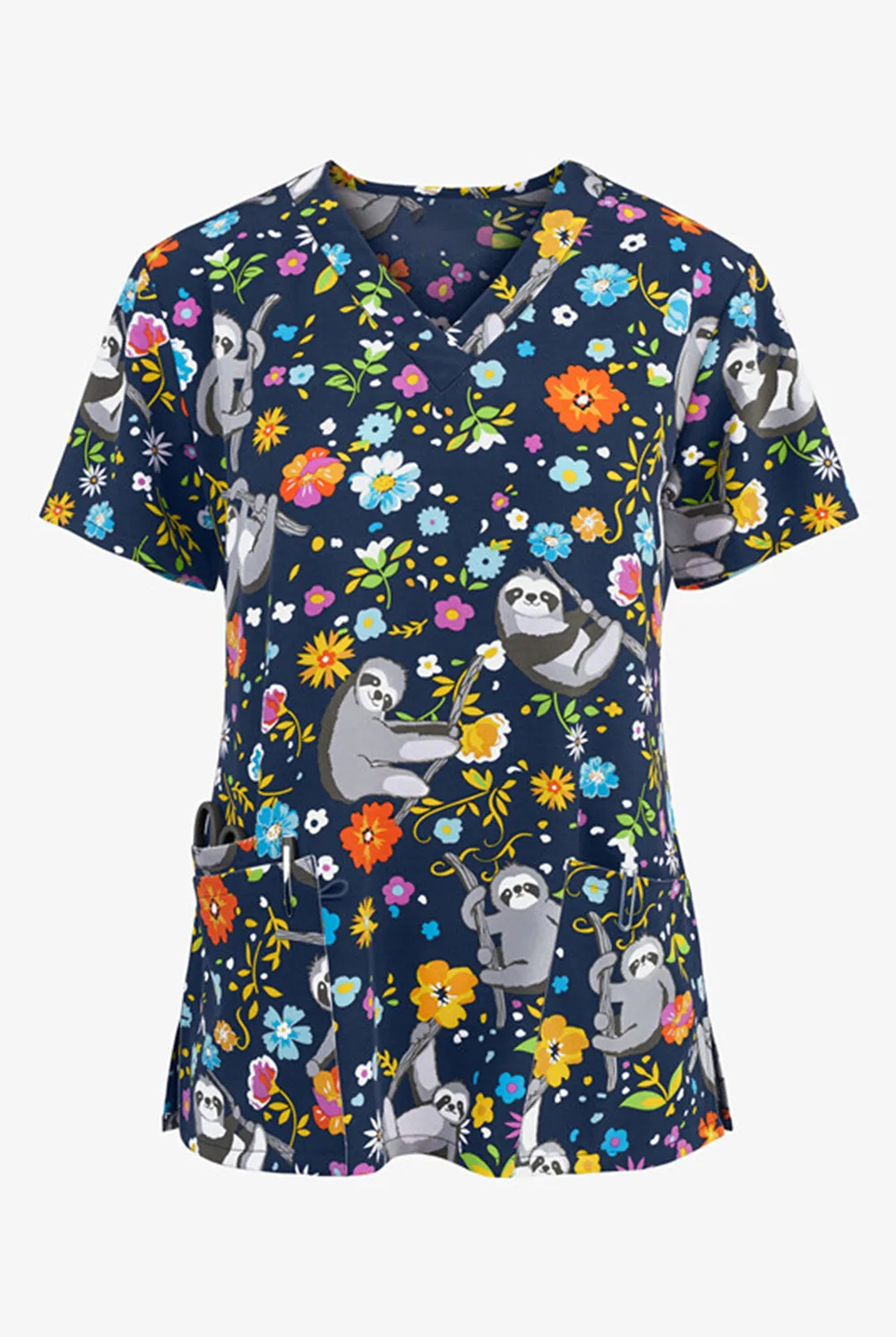 Summer cartoon flower pattern printing nurse scrub top female T-shirt short-sleeved V-neck scrub suit nursing staff female nurse