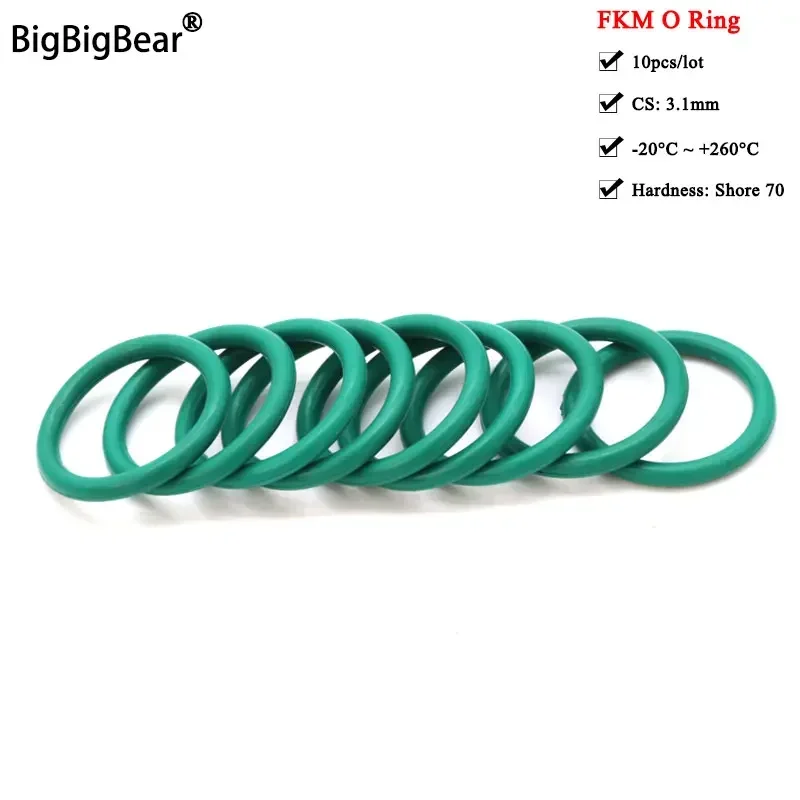 

10pcs FKM O Ring CS 3.1mm OD 10 ~ 85mm Sealing Gasket Insulation Oil High Temperature Resistance Fluorine Rubber O Ring Green