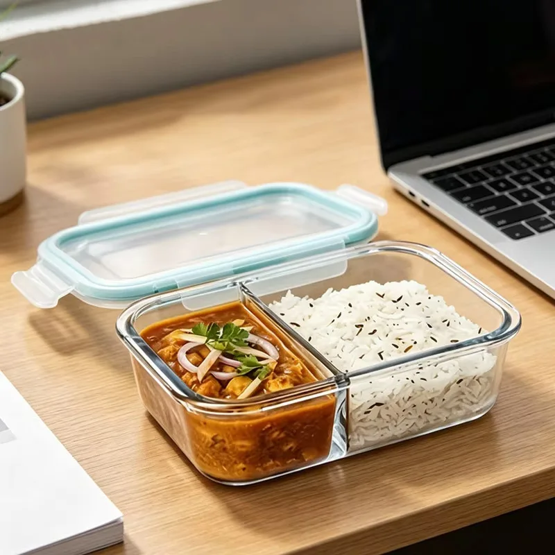 2/3-Compartment Glass Lunch Box Container with Snap On Lid Airtight Food Storage Suitable for Fridge Oven Dishwasher Reusable