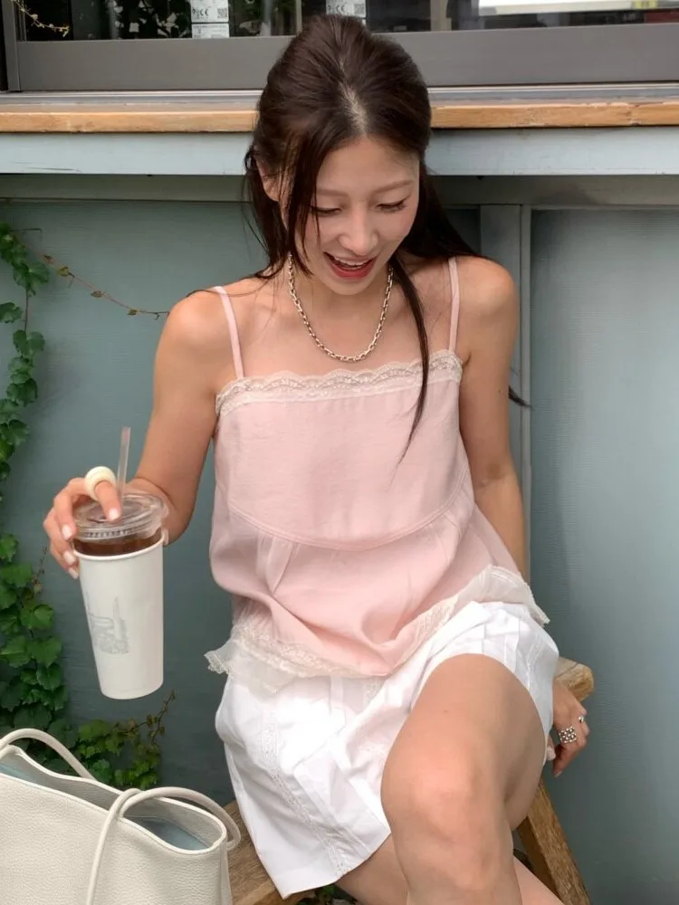 Sweet  Summer Lace Trim Vest Strap Women Outerwear Gentle Style Splicing Korean Style Sweater for Campus Street Style