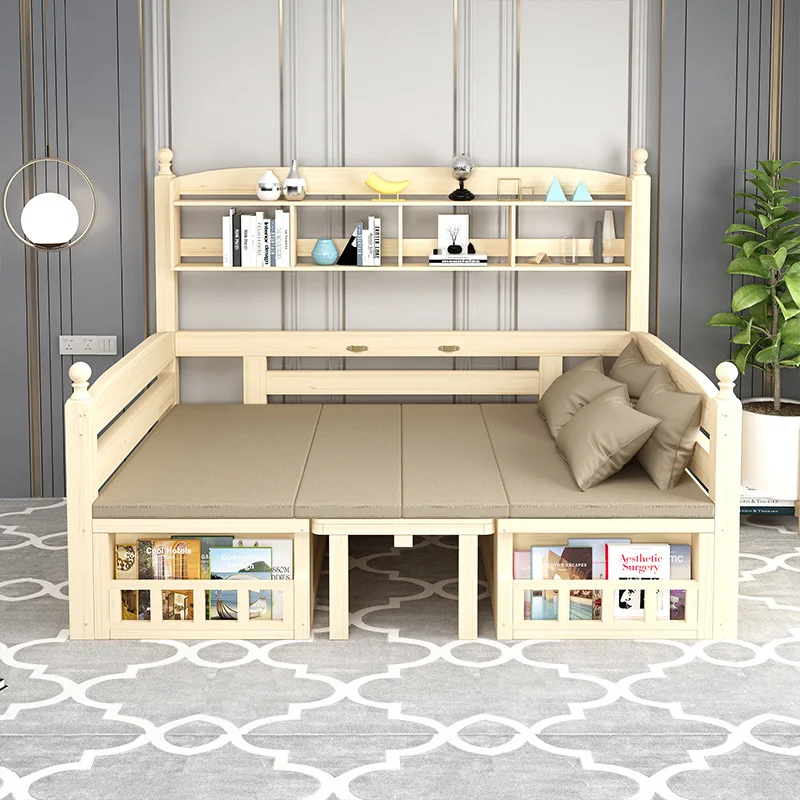 

Solid wood sofa bed small apartment Internet celebrity folding dual-purpose card seat sofasimple multi-functional with bookshelf