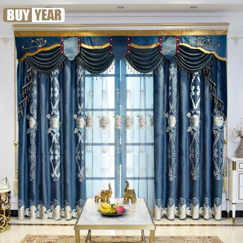 

European custom blackout chenille embroidered curtains luxury flannel new Curtains for Living Dining room Bedroom tulle Valance