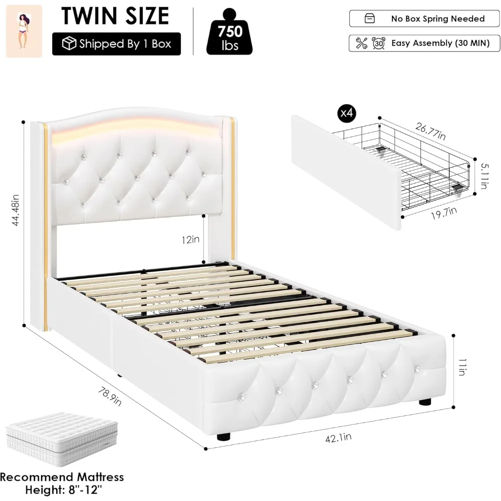 Upholstered Twin LED Bed Frame with Crystal Button-Tufted Headboard & 4 Storage Drawer, Modern PU Princess Twin Size