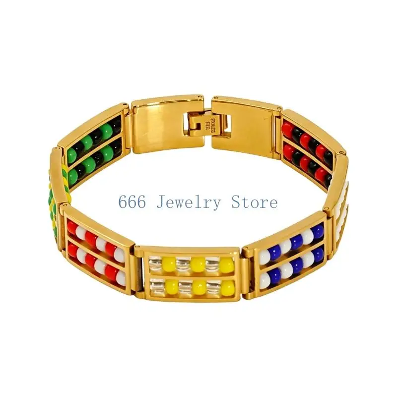 F2TD Daily Wear Beaded Bracelet in Stainless Steel with Panel Design, Fold-Over Clasp and 14 mm Width for Statement Looks