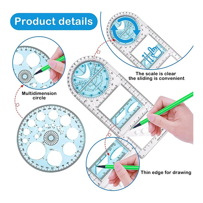 6 Pcs Multifunctional Geometric Ruler Plastic Circle Drawing Tool Drafting Templates Clear Graphic Design Tools