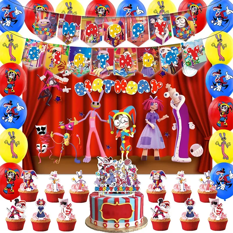 The Amazing Digital Circus Party dinnerware Disposable Banner Cake Topper Flag Digital Circus Balloons Birthday Decoration set