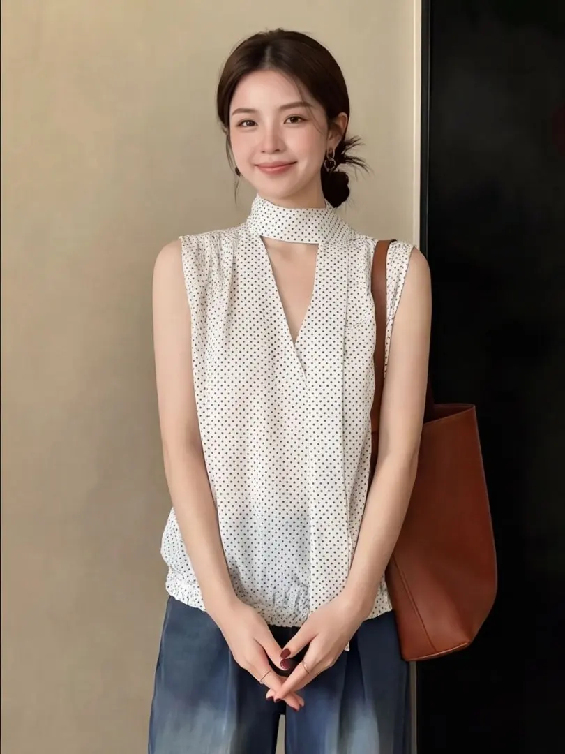 

Miu Polka Dot Sash White Summer Shirt V-Neck Design Loose Sleeveless Top Lightweight See-through Small Shirt Women's Fashion