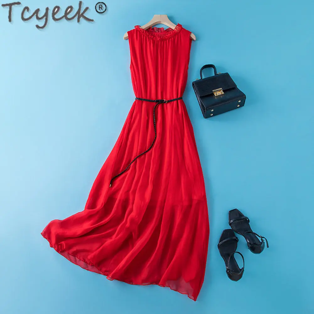 100% Tcyeek Mulberry Women 2024summer Midi es Sleeveless Real Silk Dress for Woman Clothes Korean Style Vestidos