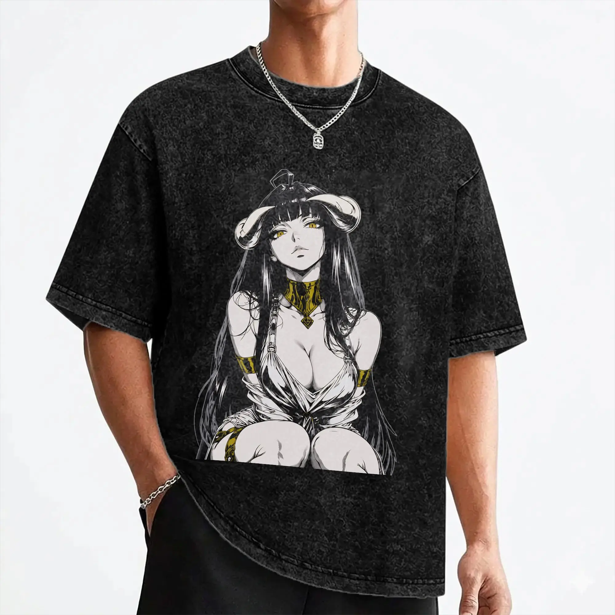 Albedo Japanese Anime T Shirt Washed Cotton Oversize T-Shirt  Vintage Men Women Streetwear Printed Tops Tees