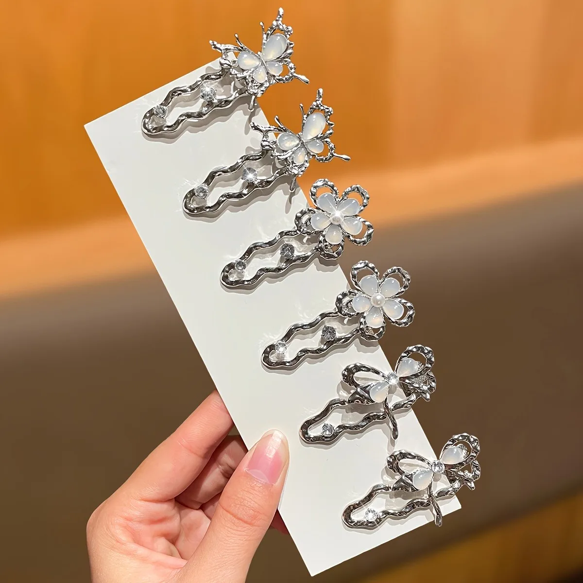 6pcs Elegant Luxury Irregular Ripple Metal Hair Clip Imitation Cat's Eye Butterfly Flower Duckbill Clip Retro Women's Side Clip view 3
