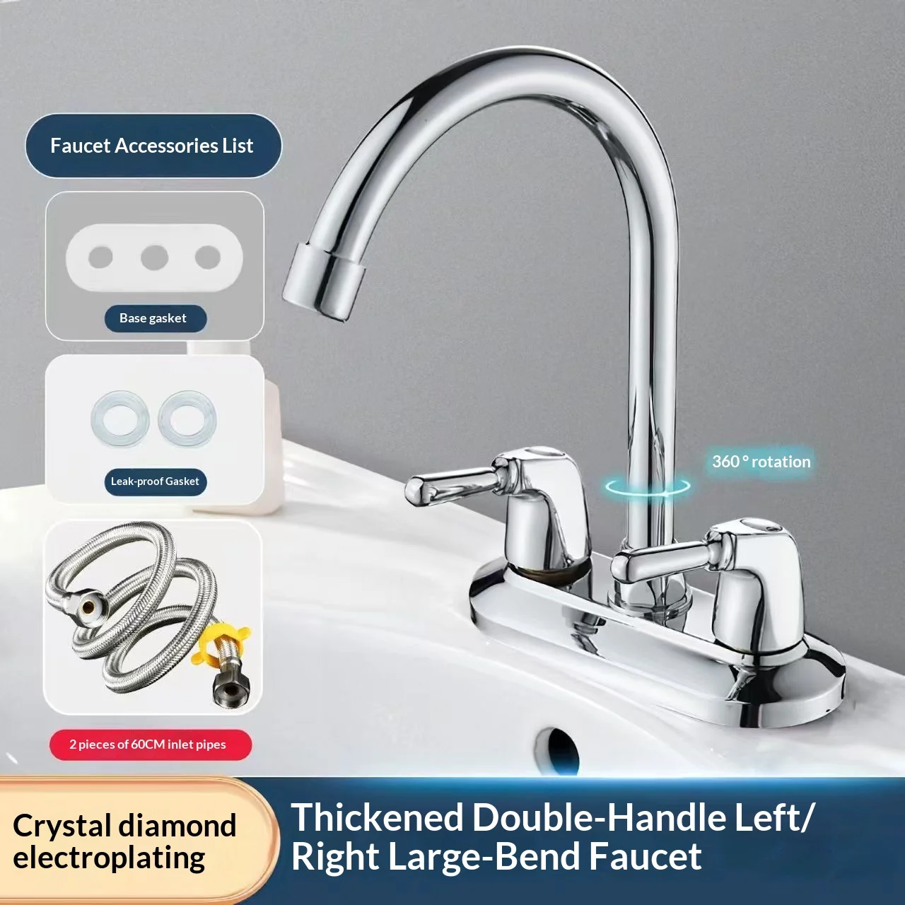 Chrome Bathroom Tap Double Knob Control Rotating Nozzle Thickened Base Plate Matching Pipe Rubber Seals Suitable Wash Basin