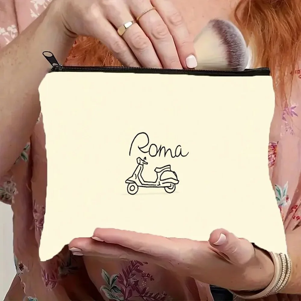 Bolsa de maquillaje con estampado de scooter romano, color beige crema, 1 pieza, bolsa multifuncional con cremallera para mujer, bolsa de almacenamiento con cremallera perfecta para viajes, divertido regalo de cumpleaños