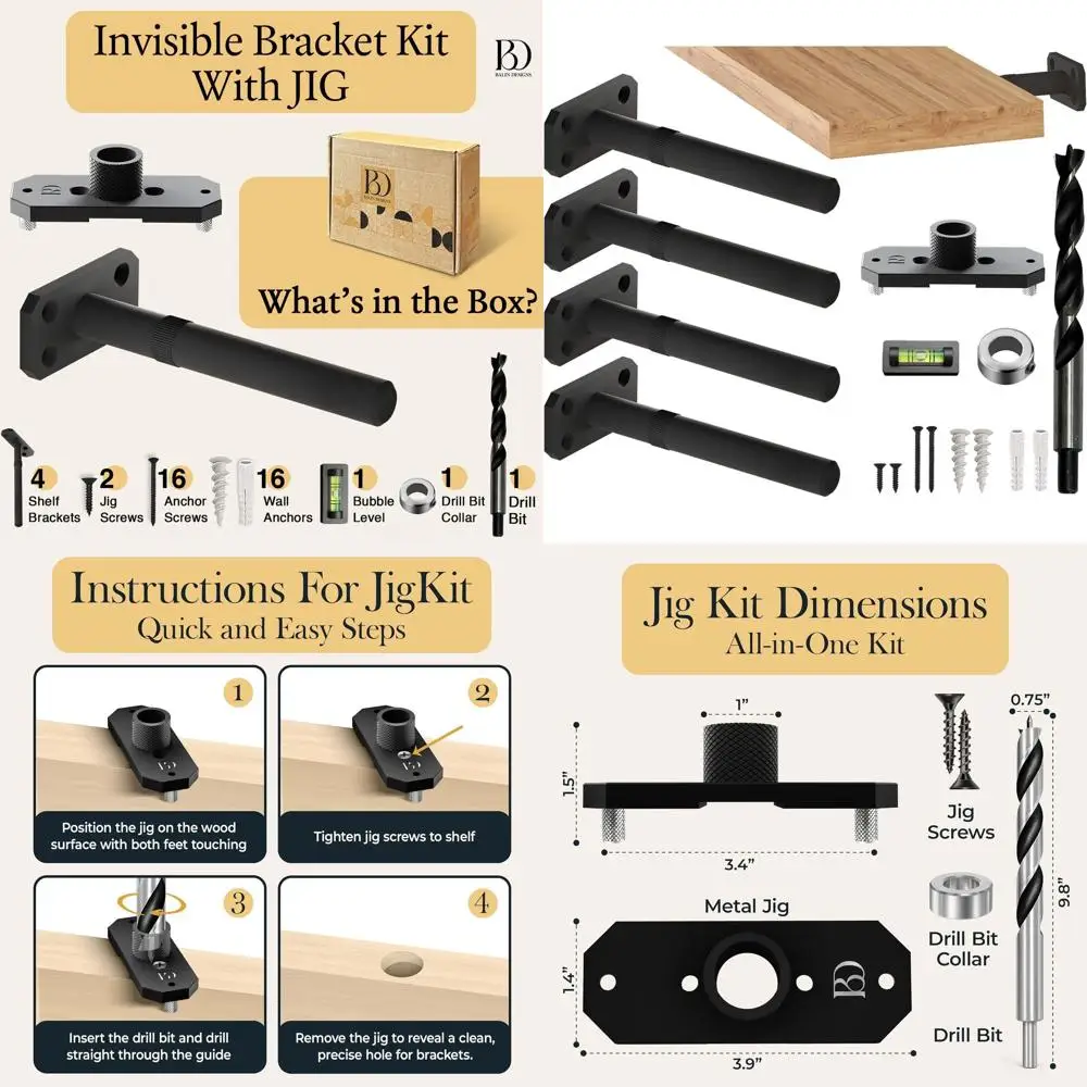 

4-Pack Heavy-Duty 5 3/4 Diameter Hidden Brackets for Floating Shelves - Wall Mount Hardware for Home