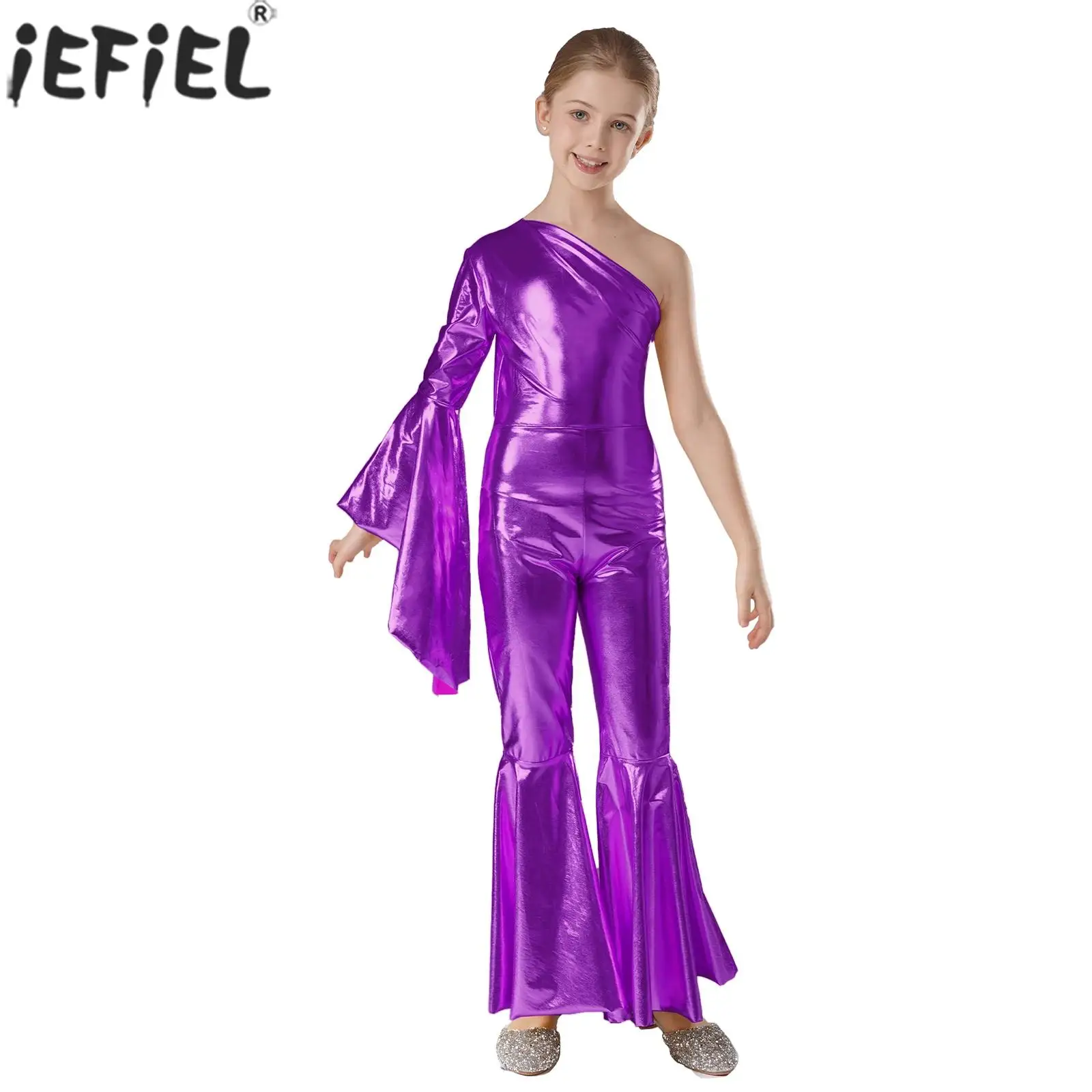 Children Girls Metallic Shiny Bell-Bottom Disco Dance Jumpsuit Cosplay Performance Costume Cheerleading Jazz Dancing Bodysuit