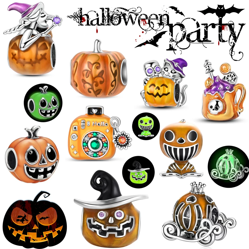 

2025 Halloween Series 925 Sterling Silver Glow-in-the-dark Pumpkin & Cute Witch Dangle Charm Fits Bracelet DIY Necklace Beads