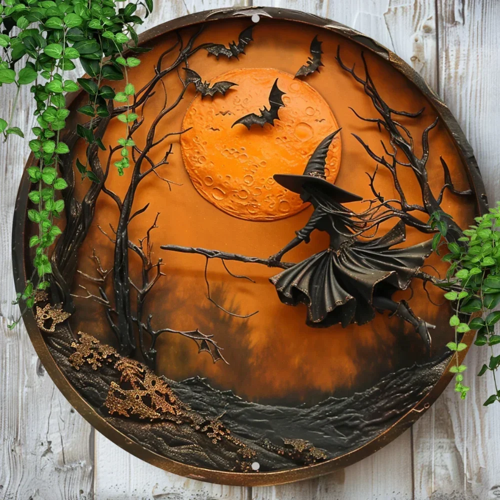 Spooky Charm: 8x8 Inch Round Aluminum Sign Featuring Witch on a Broom – High-Quality, Weatherproof Wall Art
