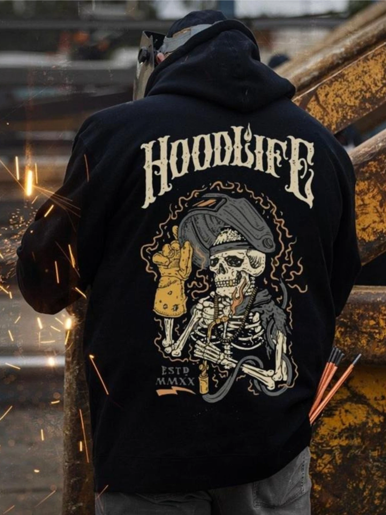 Industrial style urban street men's hooded shirt with skull welder theme print - fun cartoon style fashionable hooded shirt