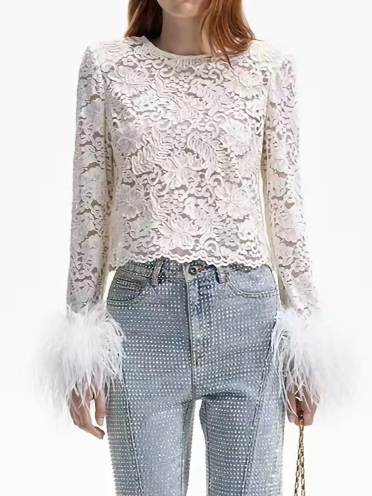 2024 Spring New Vintage Lace Hollow Out Blouse Women Fashion Embroidered Floral Feather Long-sleeved Short Shirt Tops Ladies