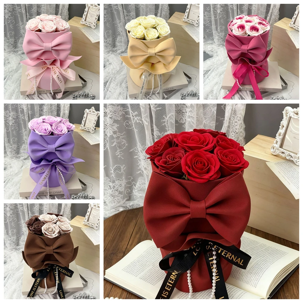 1pcs Artificial Rose Flowers Bouquet With Bowknot Eternal Soap Flowers Bouquets for Mother's Day Valentine's Day Gifts