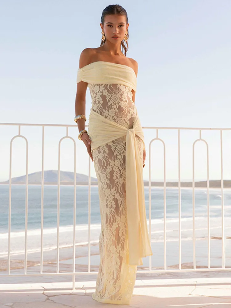 

Mozision Off-shoulder Backless Sexy Maxi Dress Women Lace Patchwork Strapless Sleeveless Draped Ruched Club Party Long Dresses