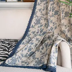Cotton Linen Blue Flower Curtains Rural and Pastoral Style Curtain with Blue Lace Bedroom and Living Room