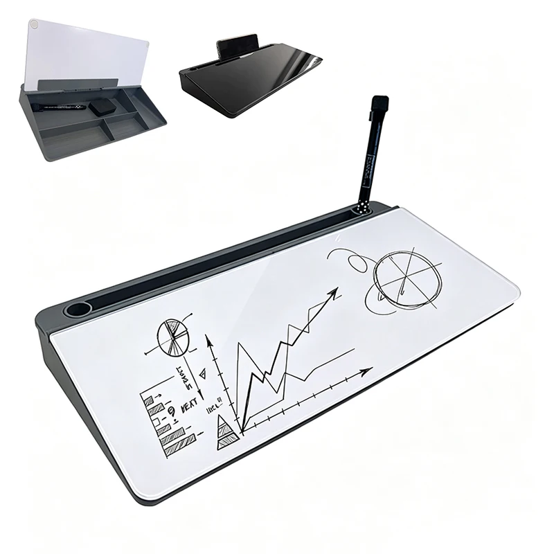 2-in-1 Glass Desk Whiteboard with Built-in Storage Desktop Organizer Keyboard Holder Home Office Blackboard Message Board