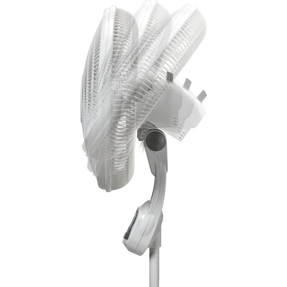 مروحة حامل بقاعدة قابلة للتعديل مع مؤقت وجهاز تحكم عن بعد لغرفة النوم وغرفة المعيشة والمكتب المنزلي، 16 بوصة، أبيض