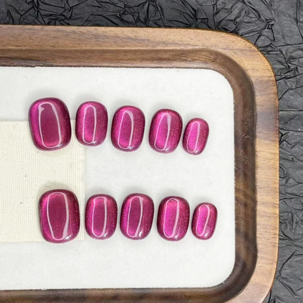 10pcs Wearable Summer Handmade Press on Nails Set Purple Cat's Eye Short Round False Nails Tips Simple Solid Color Fake Nail Art