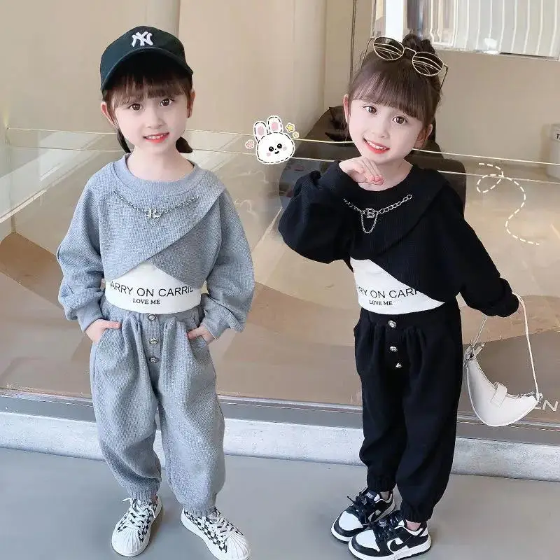 Spring Autumn Baby Girls Plain Waffle Crop Sweatshirt+Sweatpant+Alphabet Tee Tops Sets Kids Tracksuit Child 3PCS Outfit