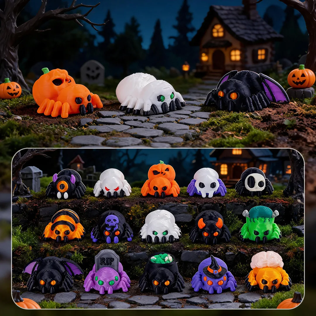 Multi‑Pack Mini Creepy‑Cute Monster Spider Skeleton Figurines, Black Purple Orange Ornaments, Halloween Tabletop Decor & Gifts