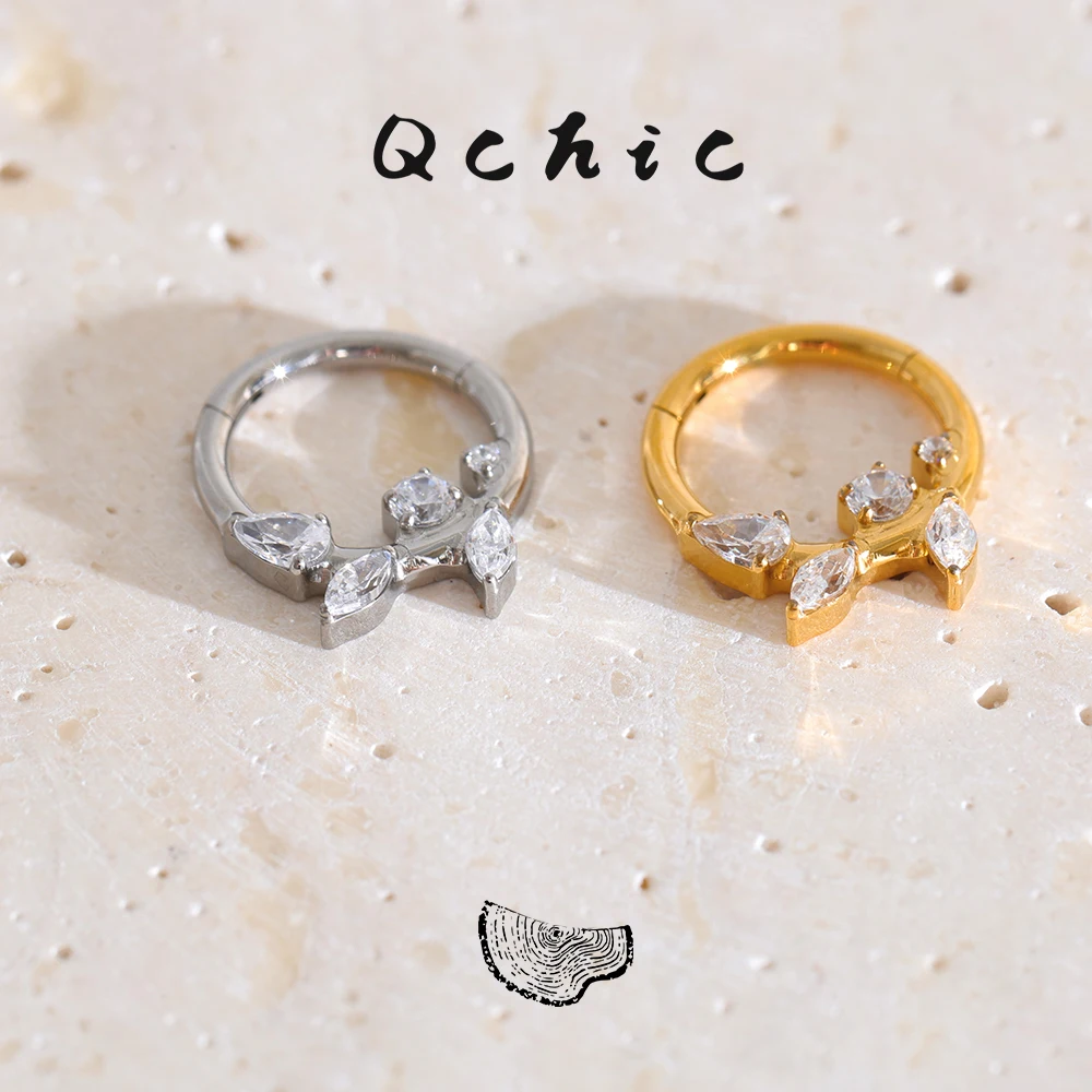 Qchic 1PC ASTM F136 Titanium Alloy Bling Cubic Zirconia Leaf Nose Ring Hinged Clicker Botanical Unique Piercing Jewelry