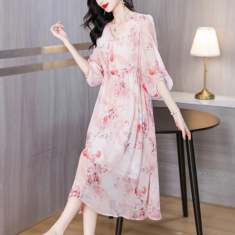 

2024 New Summer Silk Short sleeved Dress Women's V-neck Chinese style Flower Print Loose Large Waist A Line Knee Length Skirt