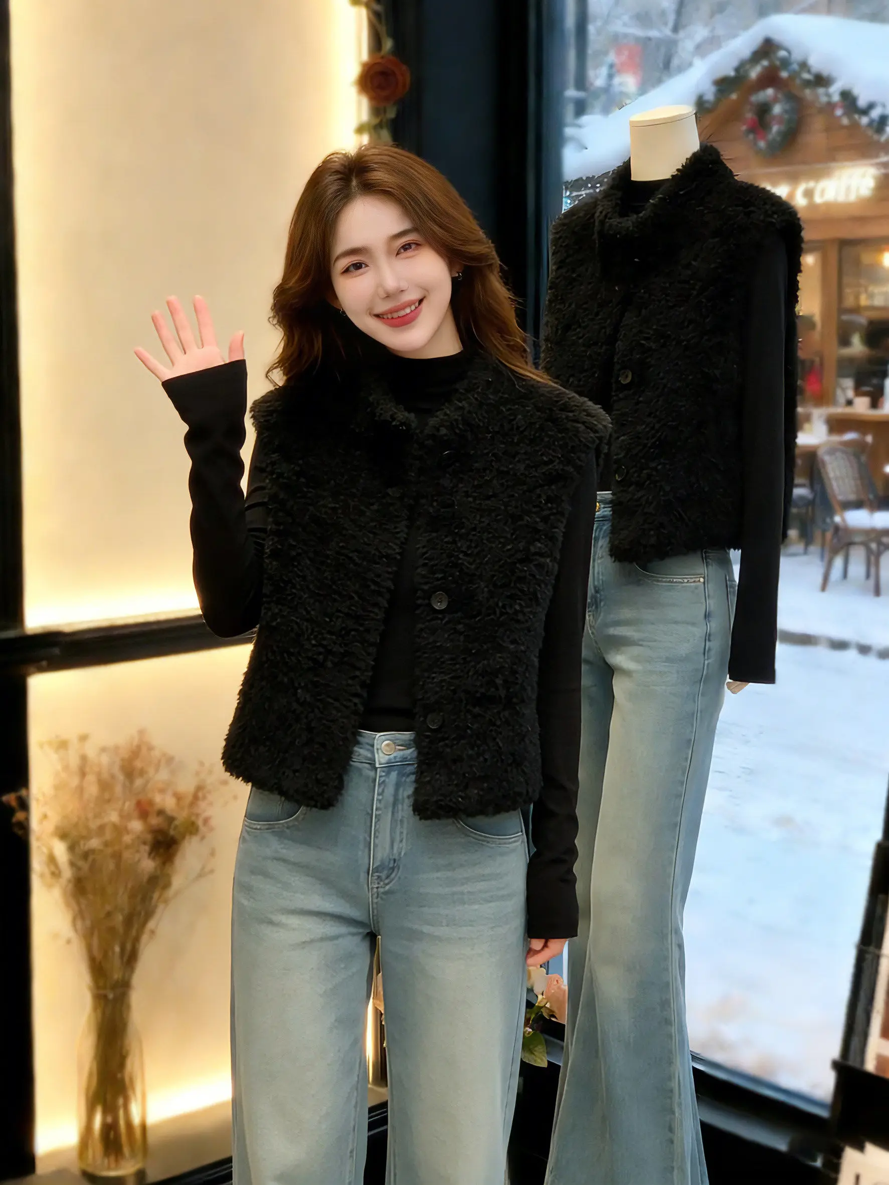

Bla Lamb Fur Vest Women's ort Warm Plu Winter Outerwear Versatile oulder Pad High Waist Commute Korean Sle Casual