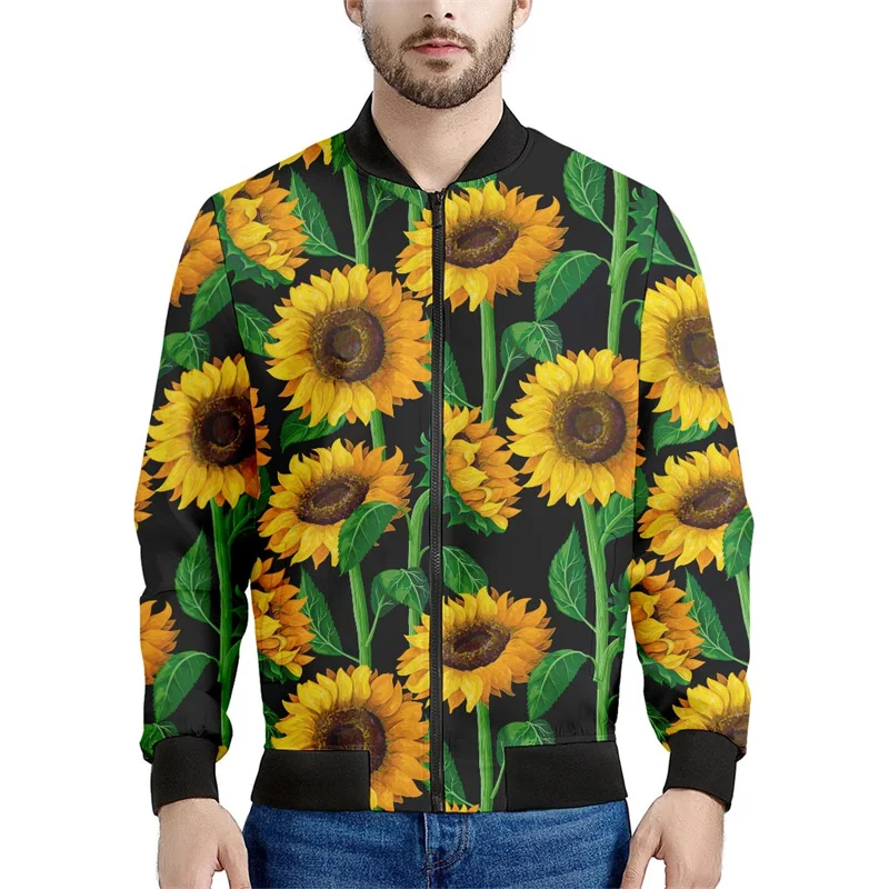 Fashion Sunflower Zipper Jacket For Men 3d Printed Plants Floral Bomber Sweatshirts Tops Street Long Sleeves Oversized Coats