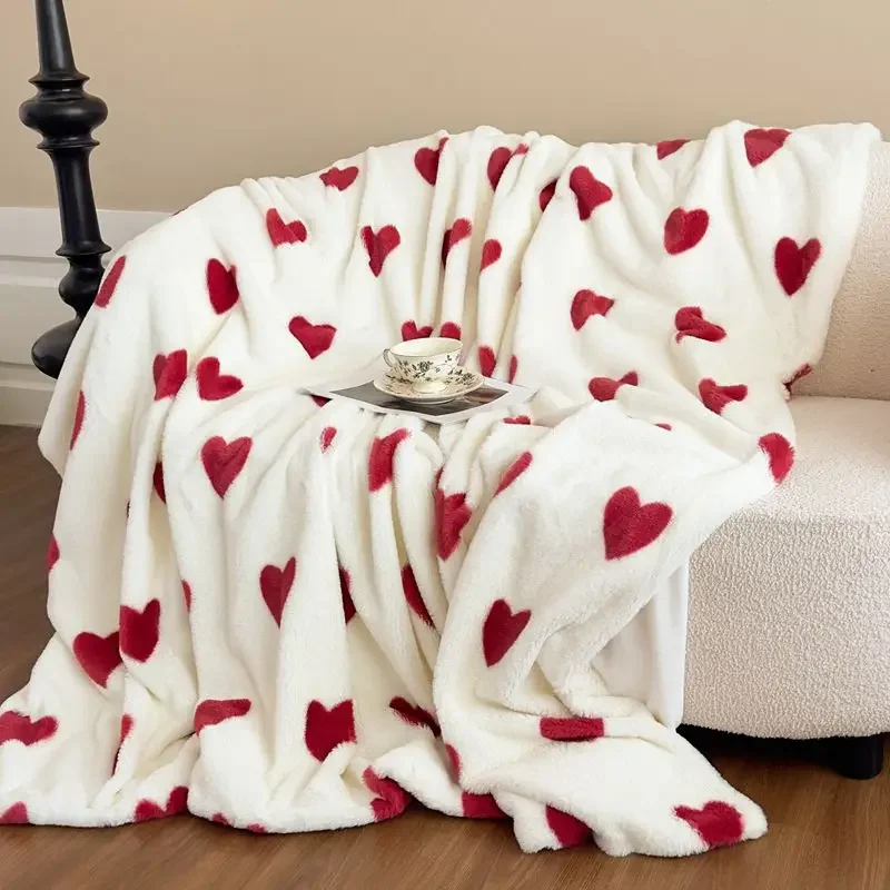 Heart Print Double Layer Faux Rabbit Fur Blanket for Bed Thick Warm Autumn Winter Blankets Soft Plush Duvet Cover with Zipper