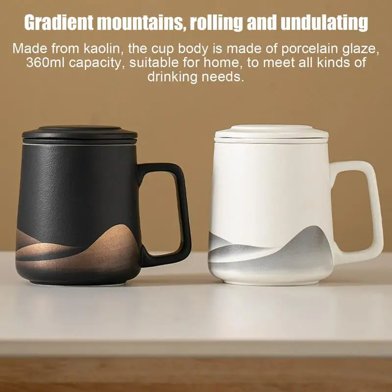 Tea Cup With Infuser And Lid 360ml Tea Steeper Cup Matte Ceramic Hand-Painted Black Glaze Filter Tea Kettle For Men Women Tea