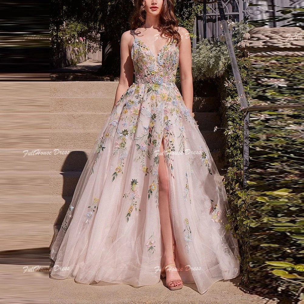 

Индивидуальные бретельки с v-образным вырезом и тюлевыми аппликациями, кружевное трапециевидное платье для выпускного вечера с разрезом по бокам, длинное вечернее платье с открытой спиной и шлейфом