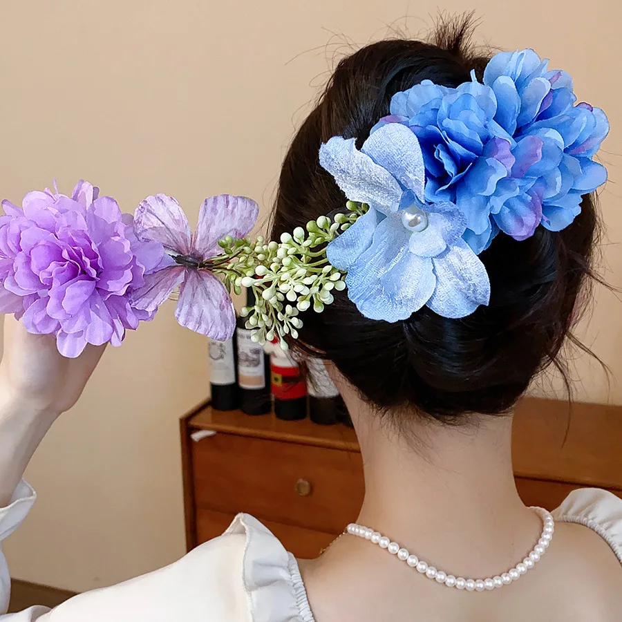 Sweet Blue Purple Flower Hair Clips for Women Brides Cloth Floral Butterfly Hairgrips Wedding Dating Holiday Headdress M