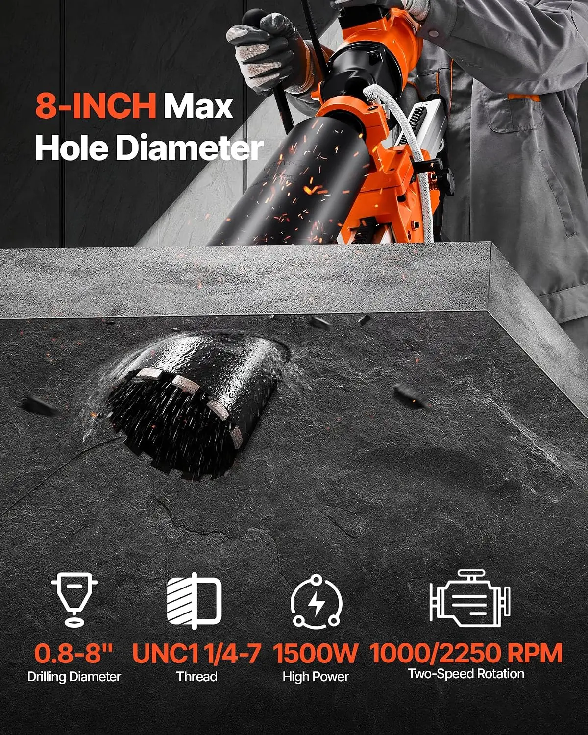 Diamond Core Drilling Machine 8 in Drilling Diameter 1800W 2-in-1