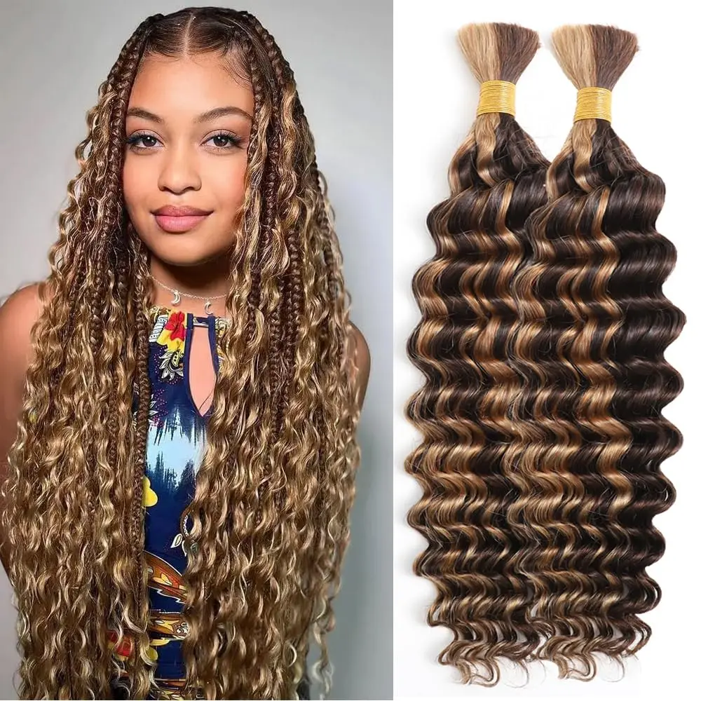 Highlight Deep Wave Boho Braids Human Hair P4/27 Honey Blonde Human Braiding Hair For Weave Ombre Wet and Wavy Human Hair