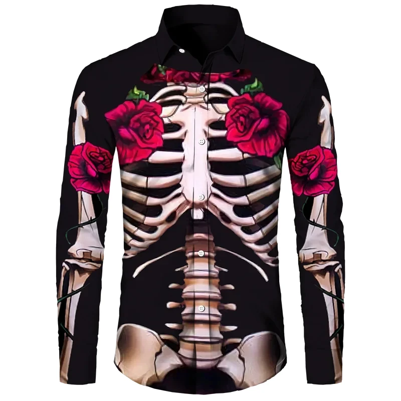 

Funny 3D Print Skeleton Button Shirt For Men Clothing Carnival Halloween Cosplay Long Sleeve Tops Unisex Streetwear Shirts 2024