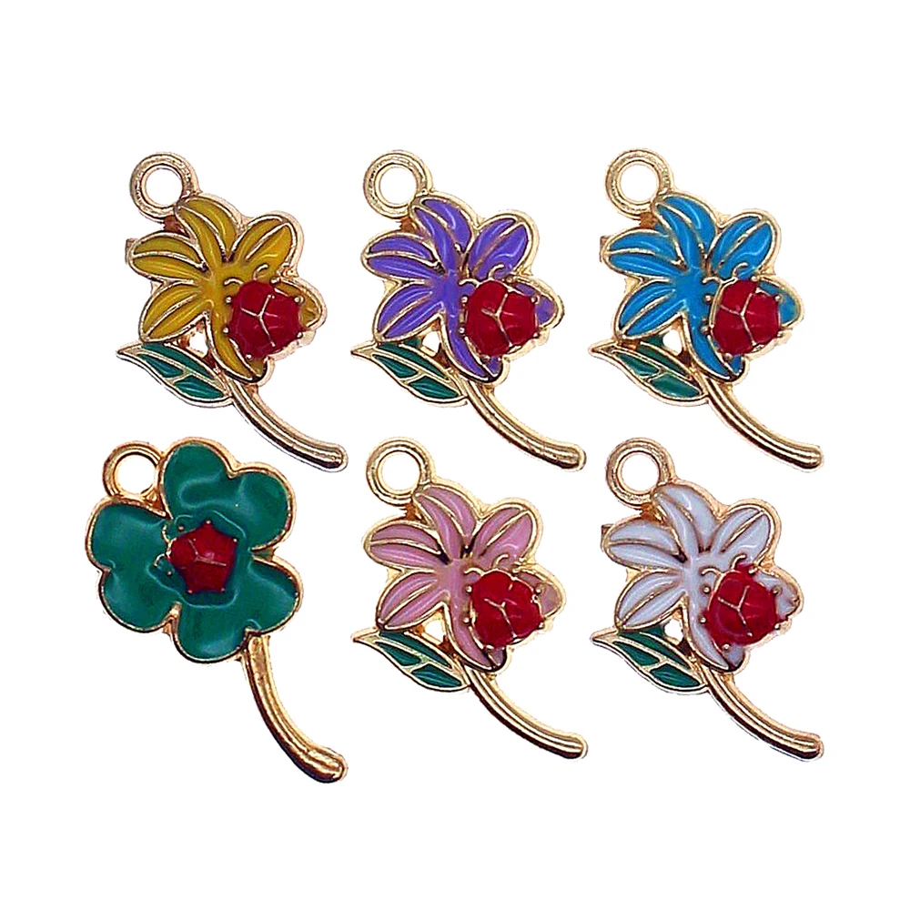 10psc/lot Cute Flower Lucky Grass Enamel Ladybug Charms Pendant for DIY Bracelet Making Earring Jewelry Accessories XL1727