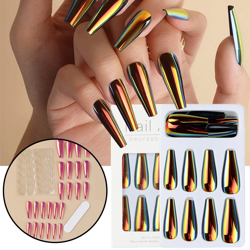 Nail Extension Press On Nails With Designs 24Pcs False Nails French Mirror Laser Long T-Coffin Nail French Fake Nails Manicure