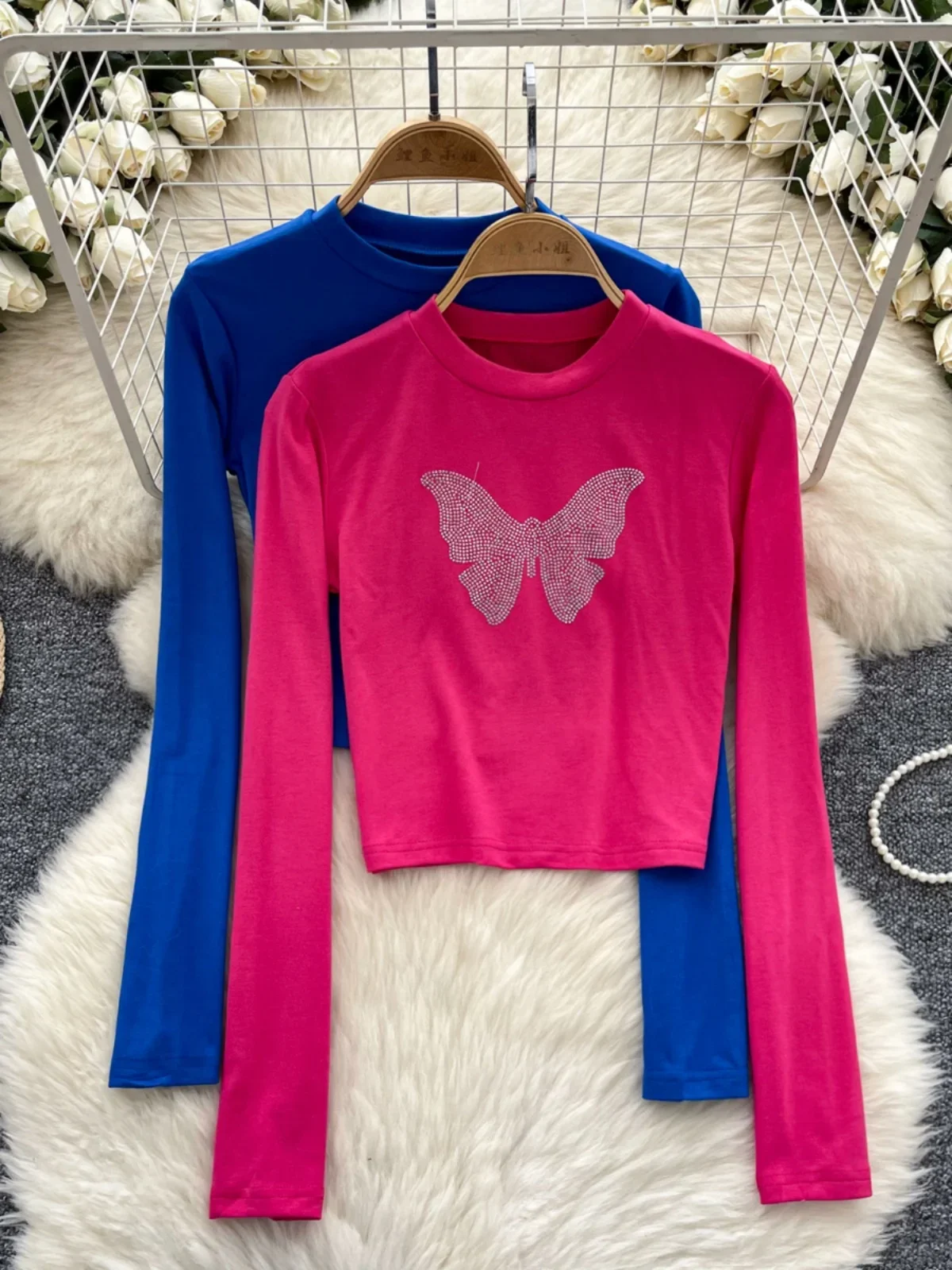 

Chic Fashion Beaded Shirt Women's 2024 Autumn Butterfly Diamond Slim Long-sleeved Tees Cropped Tops Y2k Streetwear