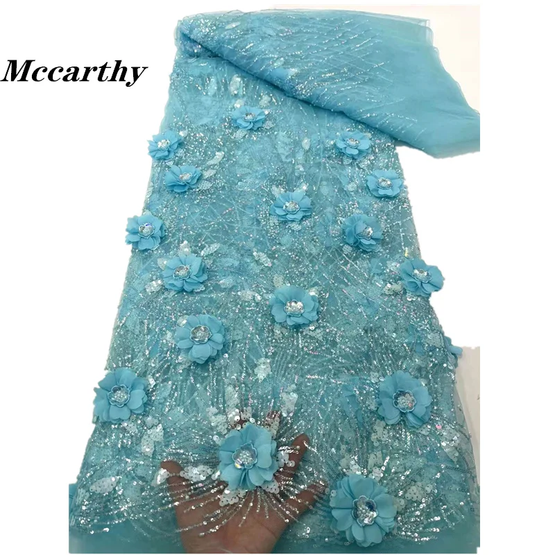 

2024 Latest African 3D Flower Lace Fabric Dubai Sequins Beads Tulle Lace Fabric Embroidered Applique Nigerian Fabric For Sewing