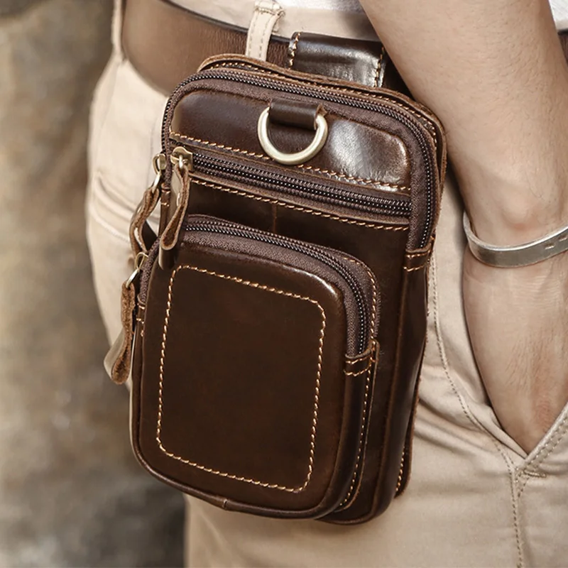 Men's Vintage Leather Waist Bag Multi Pockets Zipper Phone Pouch Genuine Leather Hang Bag Retro Cowhide Wallets through the belt