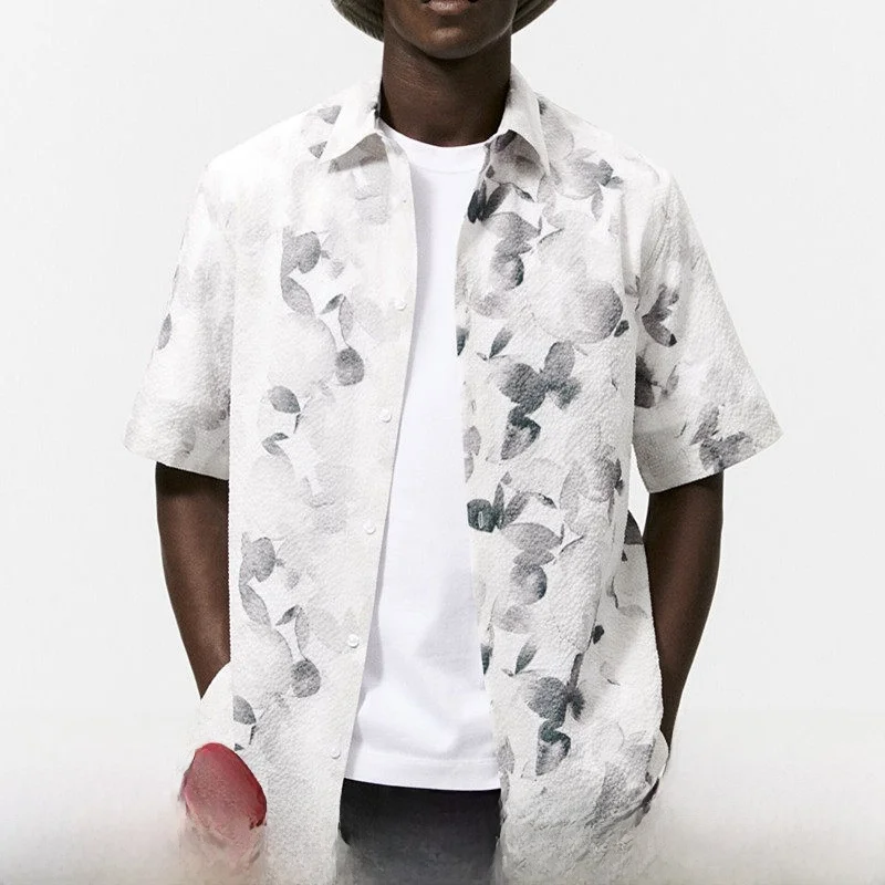 

High Street Bubble Fabric Summer Vintage Print Loose Casual Men's Shirt Trendy Standard Fit Short Sleeve Fashionable Top