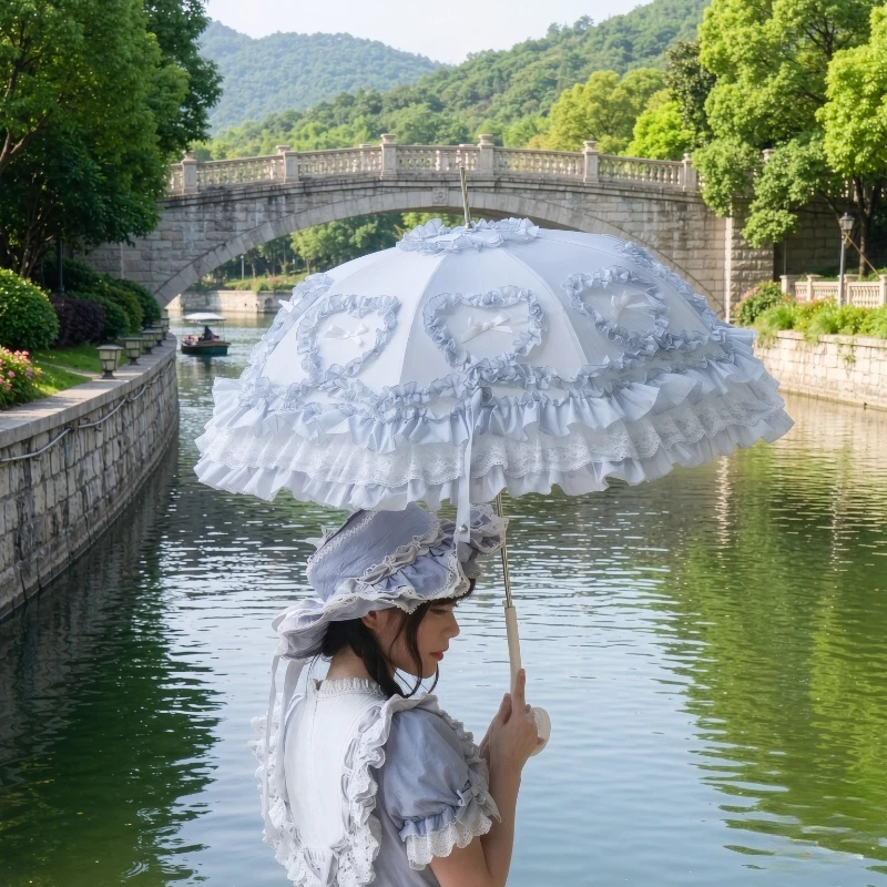 Lolita Princess Umbrella Auto Open Black Coating Lace Edge Birdcage Waterproof Sun Rain Parasol for Women Photography Use 양산