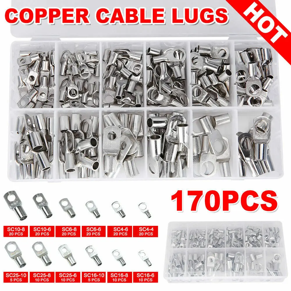 170pcs Marine Battery Wire Cable Crimp Connector Copper Ring Lug Terminal SC Bare Bolt Hole Tinned Copper Cable lugs terminals